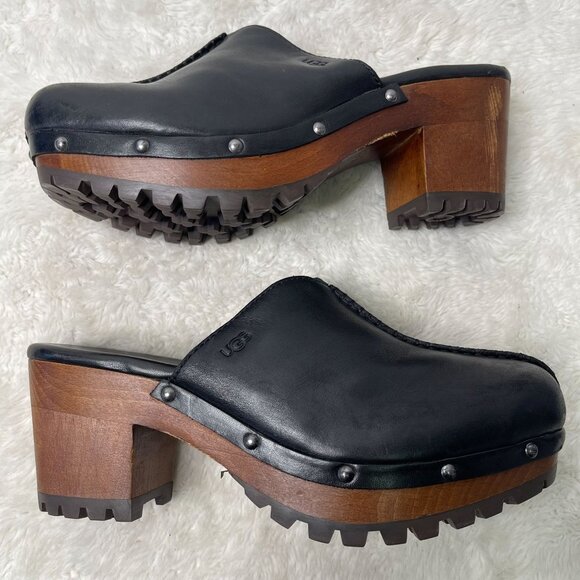 UGG #1117358 Women's Black Boho Judi Leather Wooden Clogs Slip On Shoes Size 9 - Picture 2 of 16